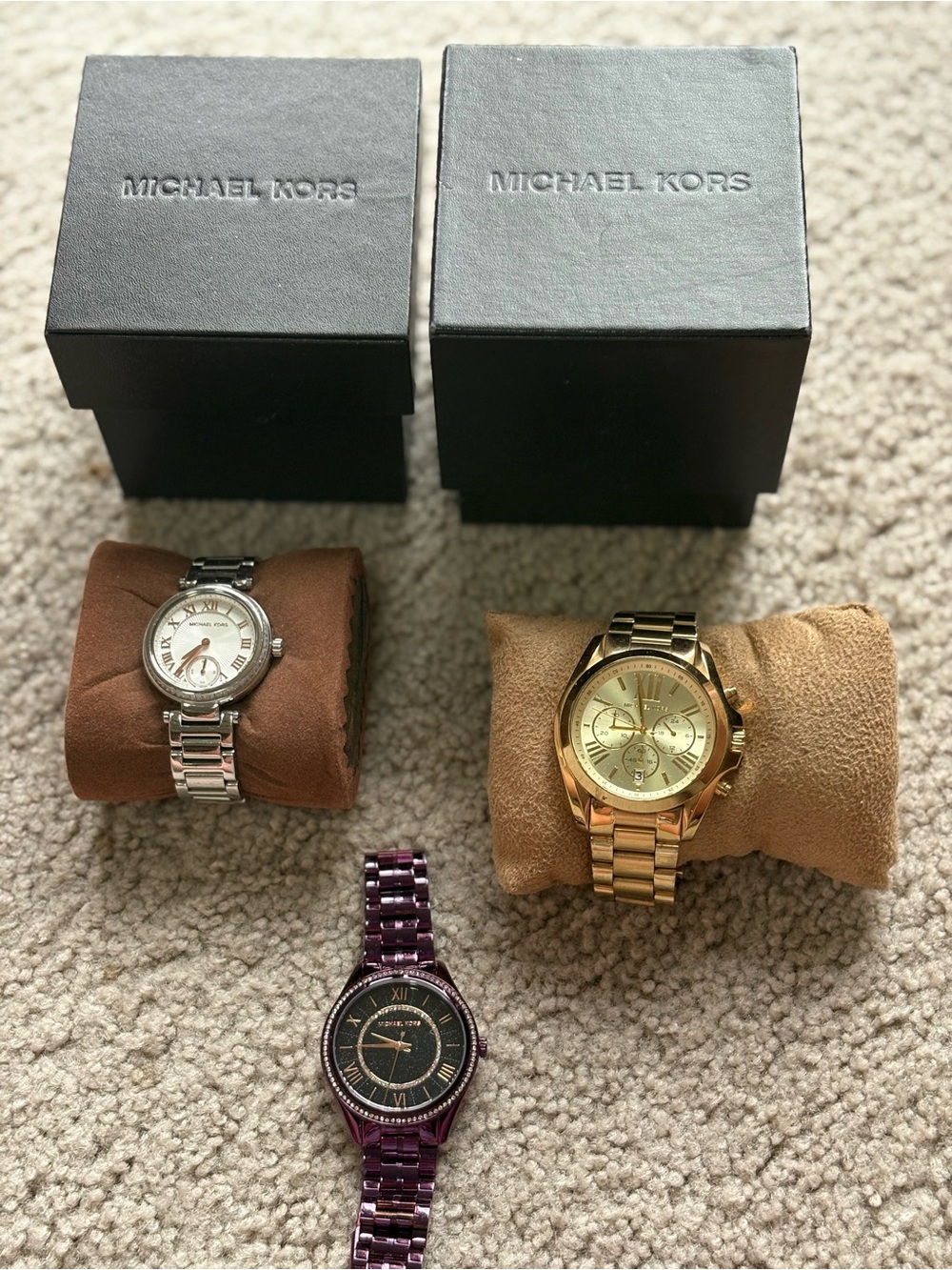 Michael Kors Gold, Silver, and Purple Watch Trio